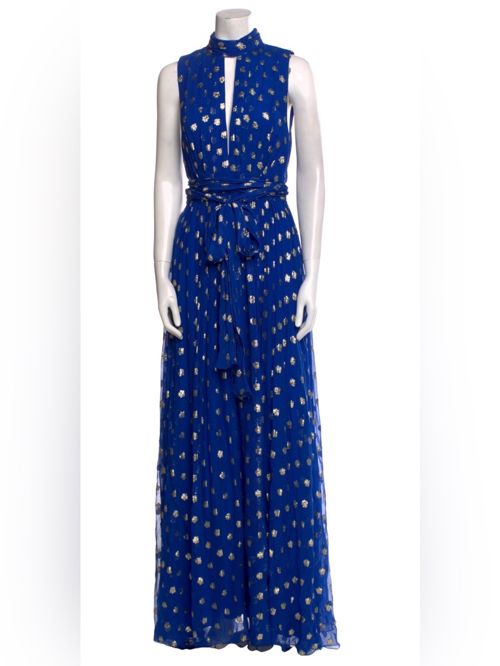 Monique Lhuillier Cobalt Blue Maxi Dress with Gold Dot Accents